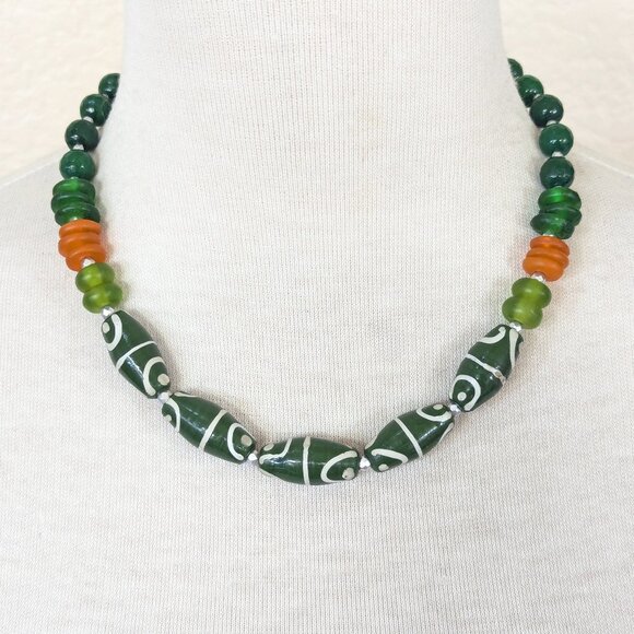 Dark Green, Olive green & Burnt Orange Jade & African Krobo Glass Necklace - Picture 1 of 3
